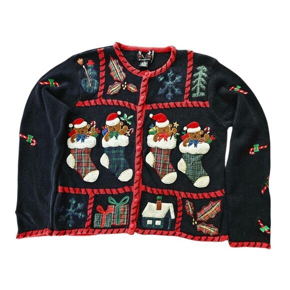 Ho ho ho Sweaters - Vtg Christmas Cardigan Womens M Embroidered Teddy Bear Stockings Black Novelty